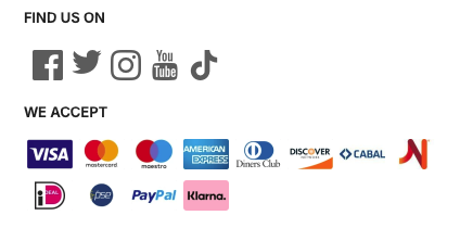 Find us on social media and accepted payment methods